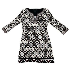 White House Black Market Tunic Shift Mini Dress Geometric‎ Embroidered Yoke XS